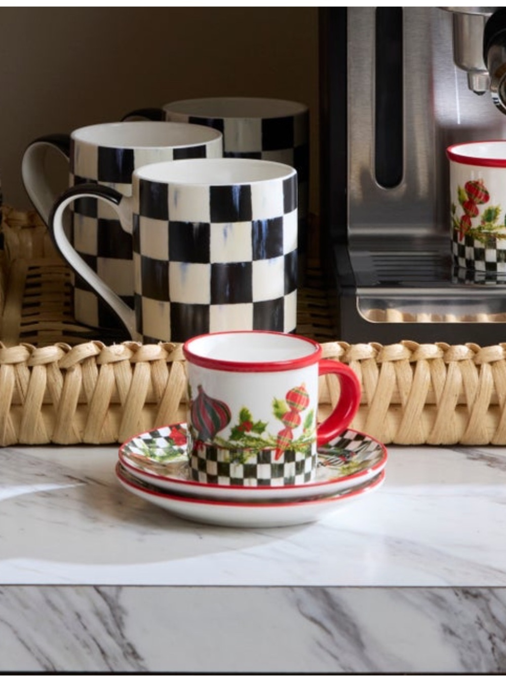 MacKenzie-Childs Red, Black & White Holiday Check Espresso Cup with Saucer